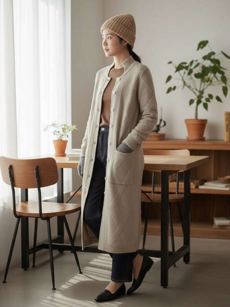 立領排扣菱格紋長款開衫針織外套,立領排扣菱格紋長款開衫針織外套,5W165019,立領排扣菱格紋長款開衫針織外套,排釦開衫,長款針織