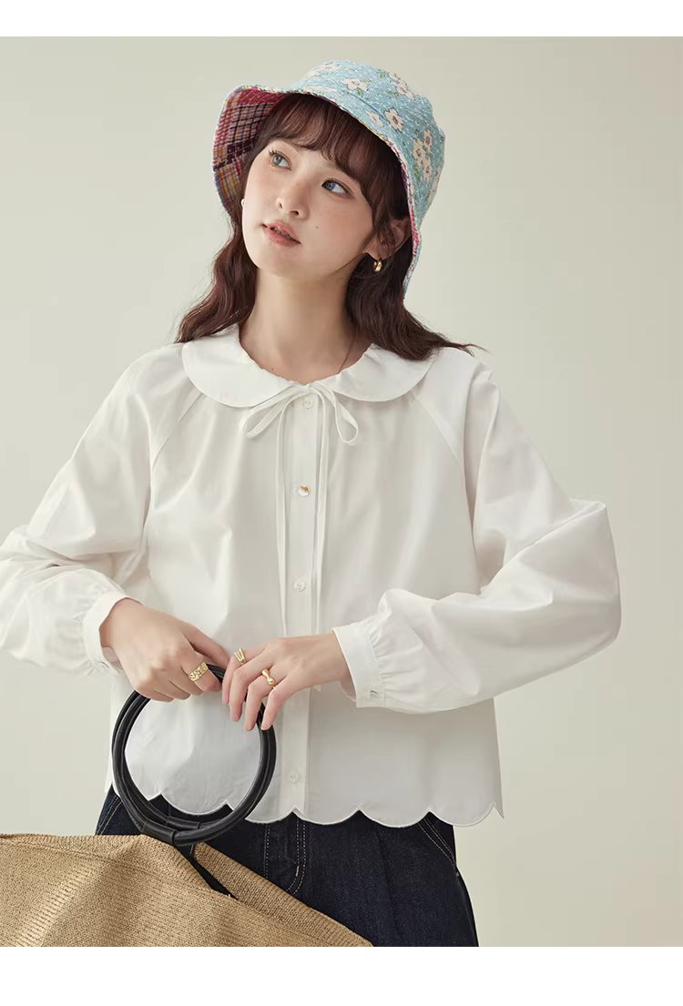 少女感蕾絲娃娃領襯衫女25冬季新款白色長袖上衣,HBEW1142,少女感蕾絲娃娃領襯衫女25冬季新款白色長袖上衣,娃娃領,花瓣衣襬,細節滿分