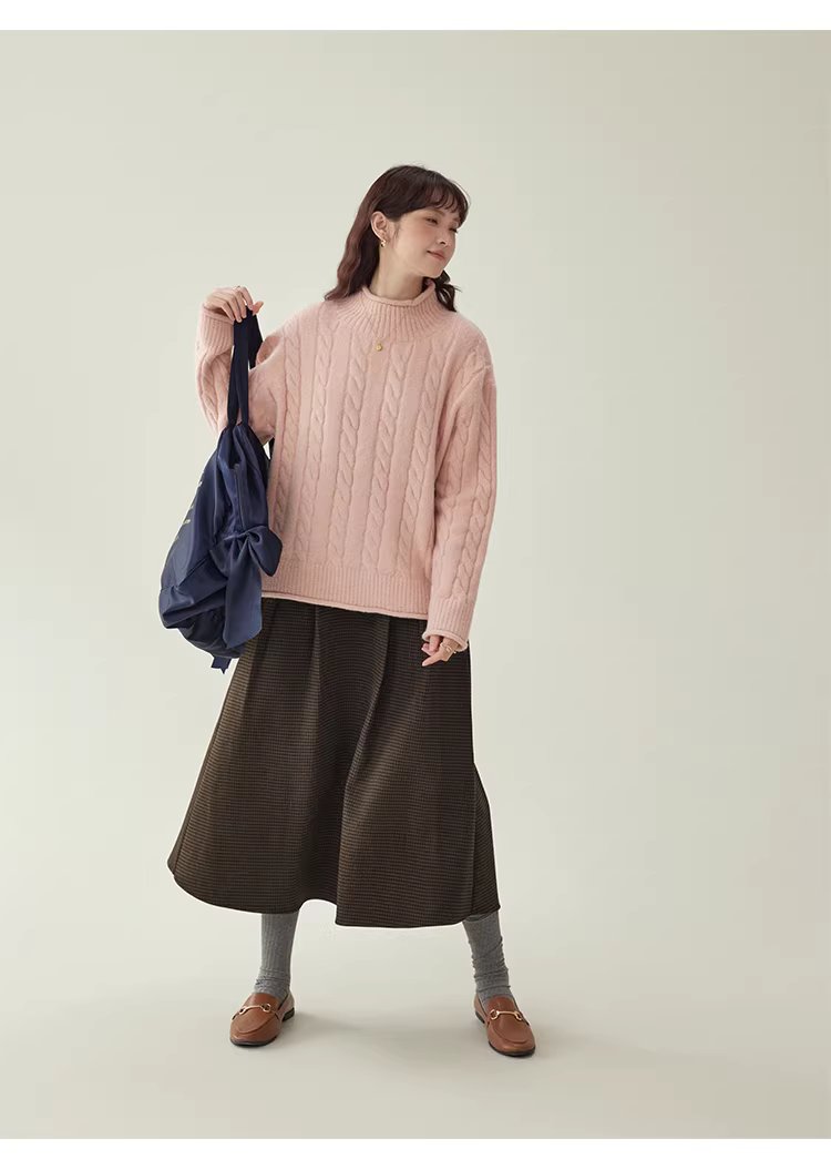 減齡粉紅高領麻花毛衣女25冬季新款捲邊長袖上衣,減齡粉紅高領麻花毛衣女25冬季新款捲邊長袖上衣,HBEW1146,減齡粉紅高領麻花毛衣女25冬季新款捲邊長袖上衣,高領毛衣,麻花針織