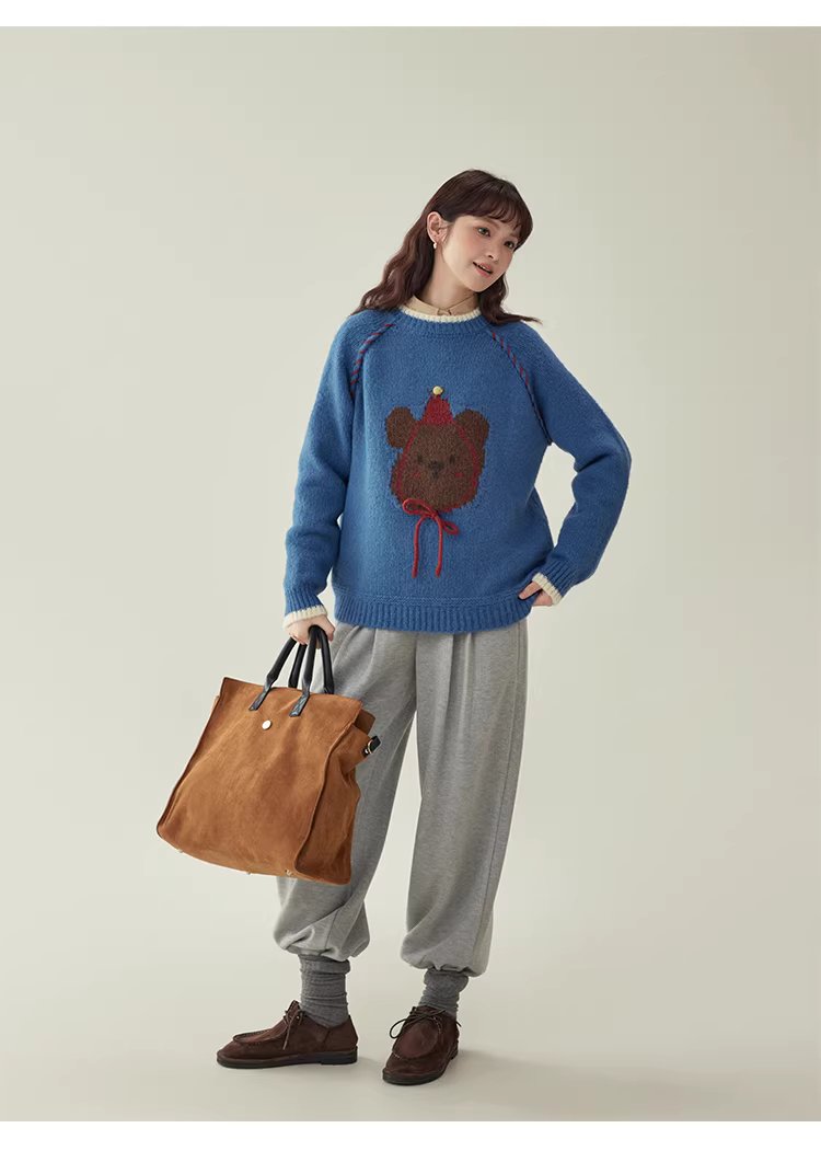 克萊因藍圓領羊毛長袖小熊毛衣女冬新款寬鬆減齡上衣,克萊因藍圓領羊毛長袖小熊毛衣女冬新款寬鬆減齡上衣,HBEW1148,克萊因藍圓領羊毛長袖小熊毛衣女冬新款寬鬆減齡上衣,童趣針織,羊毛混紡