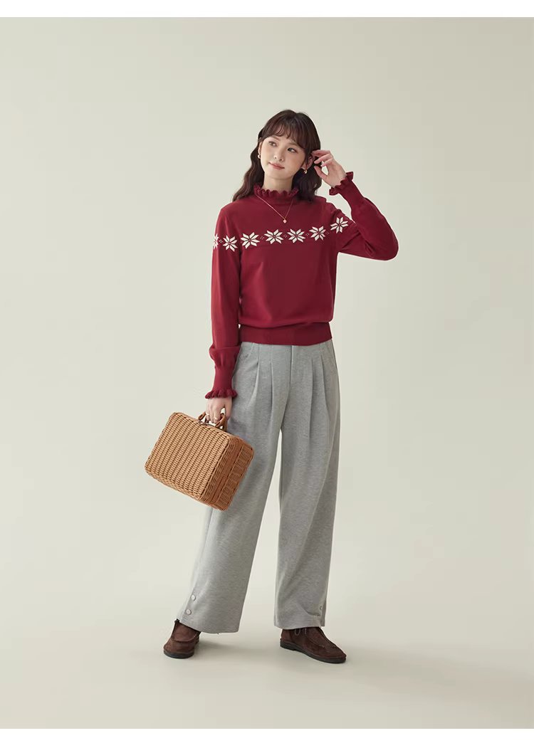 減齡紅色木耳邊雪花針織衫女冬新款內搭長袖上衣,減齡紅色木耳邊雪花針織衫女冬新款內搭長袖上衣,HBEW1152,減齡紅色木耳邊雪花針織衫女冬新款內搭長袖上衣,木耳邊,雪花針織