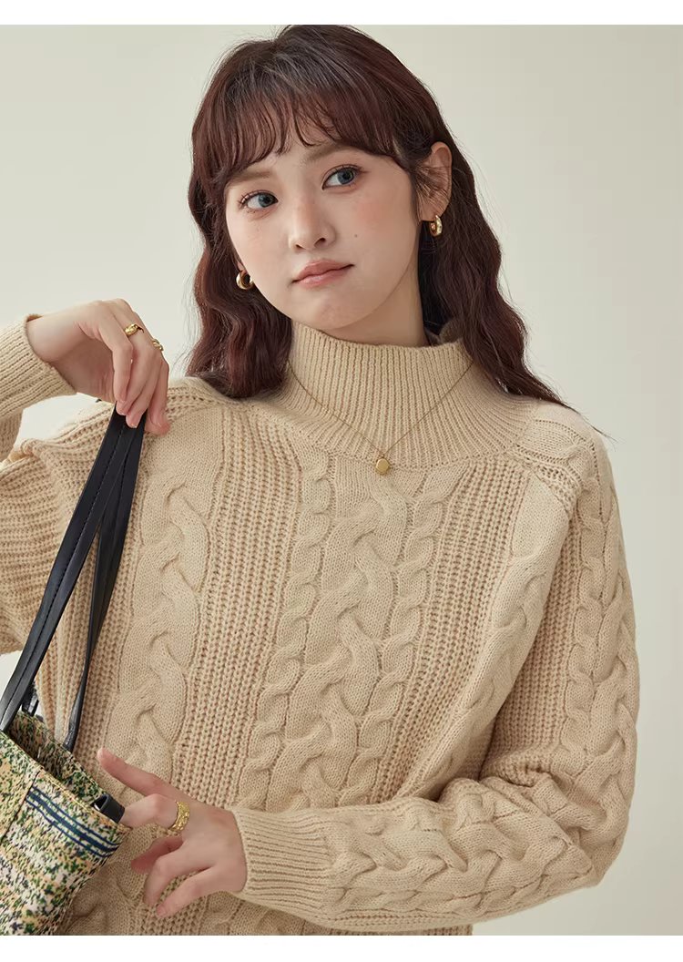 韓系杏色麻花高領毛衣女25冬季新款寬鬆長袖上衣,韓系杏色麻花高領毛衣女25冬季新款寬鬆長袖上衣,HBEW1156,韓系杏色麻花高領毛衣女25冬季新款寬鬆長袖上衣,高領毛衣,麻花針織