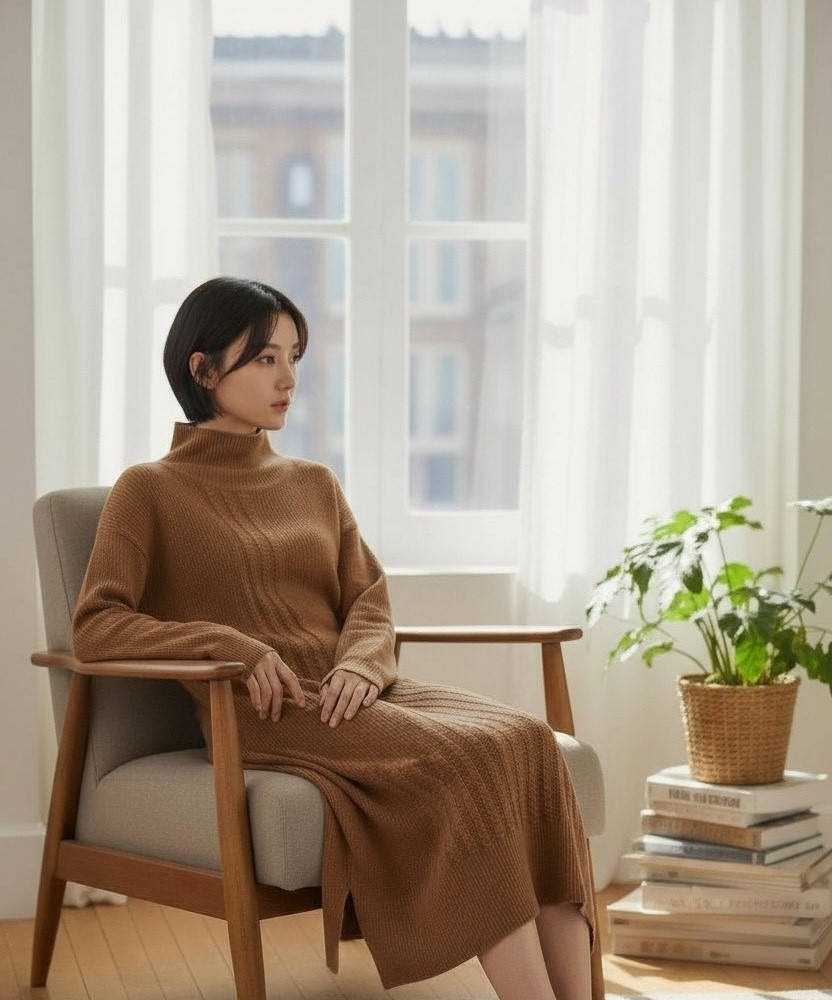 秋冬慵懶半高領長款寬鬆打底毛衣裙過膝針織連身裙,5W167007,秋冬慵懶半高領長款寬鬆打底毛衣裙過膝針織連身裙,修身版型,復古條紋,高領毛衣