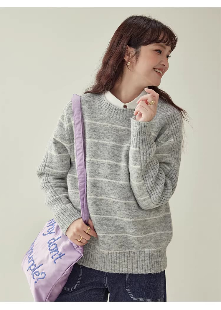 日繫條紋長袖羊毛絨毛衣女冬季新款通勤寬鬆上衣,日繫條紋長袖羊毛絨毛衣女冬季新款通勤寬鬆上衣,HBEW1158,日繫條紋長袖羊毛絨毛衣女冬季新款通勤寬鬆上衣,日系清新,羊毛混紡