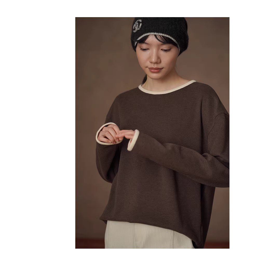 復古撞色織帶拼接抗皺易打理斜紋肌理感寬鬆藏肉上衣女,復古撞色織帶拼接抗皺易打理斜紋肌理感寬鬆藏肉上衣女,HBEW1168,復古撞色織帶拼接抗皺易打理斜紋肌理感寬鬆藏肉上衣女,撞色領口,抗皺面料