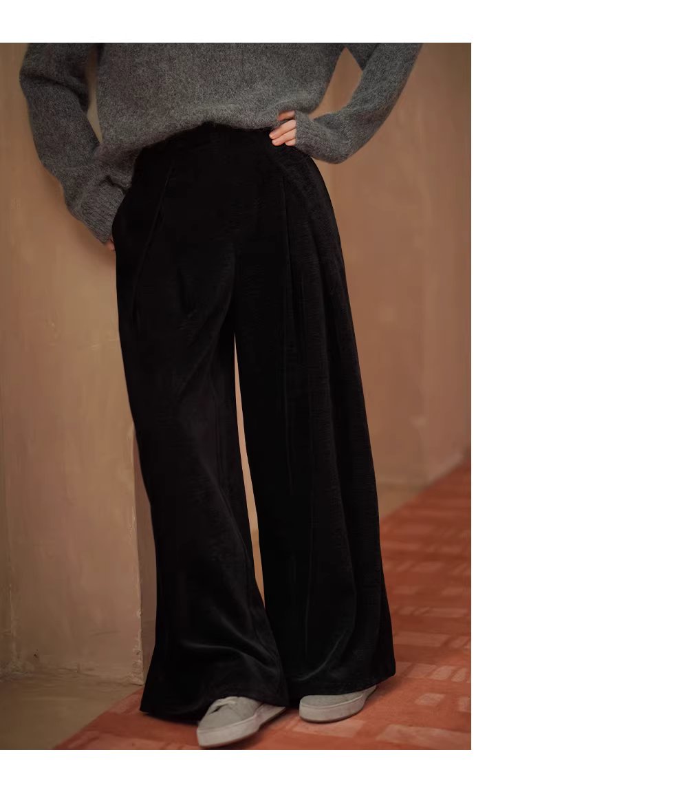 低調暗夜光澤品質絲絨長褲寬鬆顯瘦遮肉高腰通勤闊腿褲,低調暗夜光澤品質絲絨長褲寬鬆顯瘦遮肉高腰通勤闊腿褲,HBEW3053,低調暗夜光澤品質絲絨長褲寬鬆顯瘦遮肉高腰通勤闊腿褲,闊腿寬褲,不挑腿型