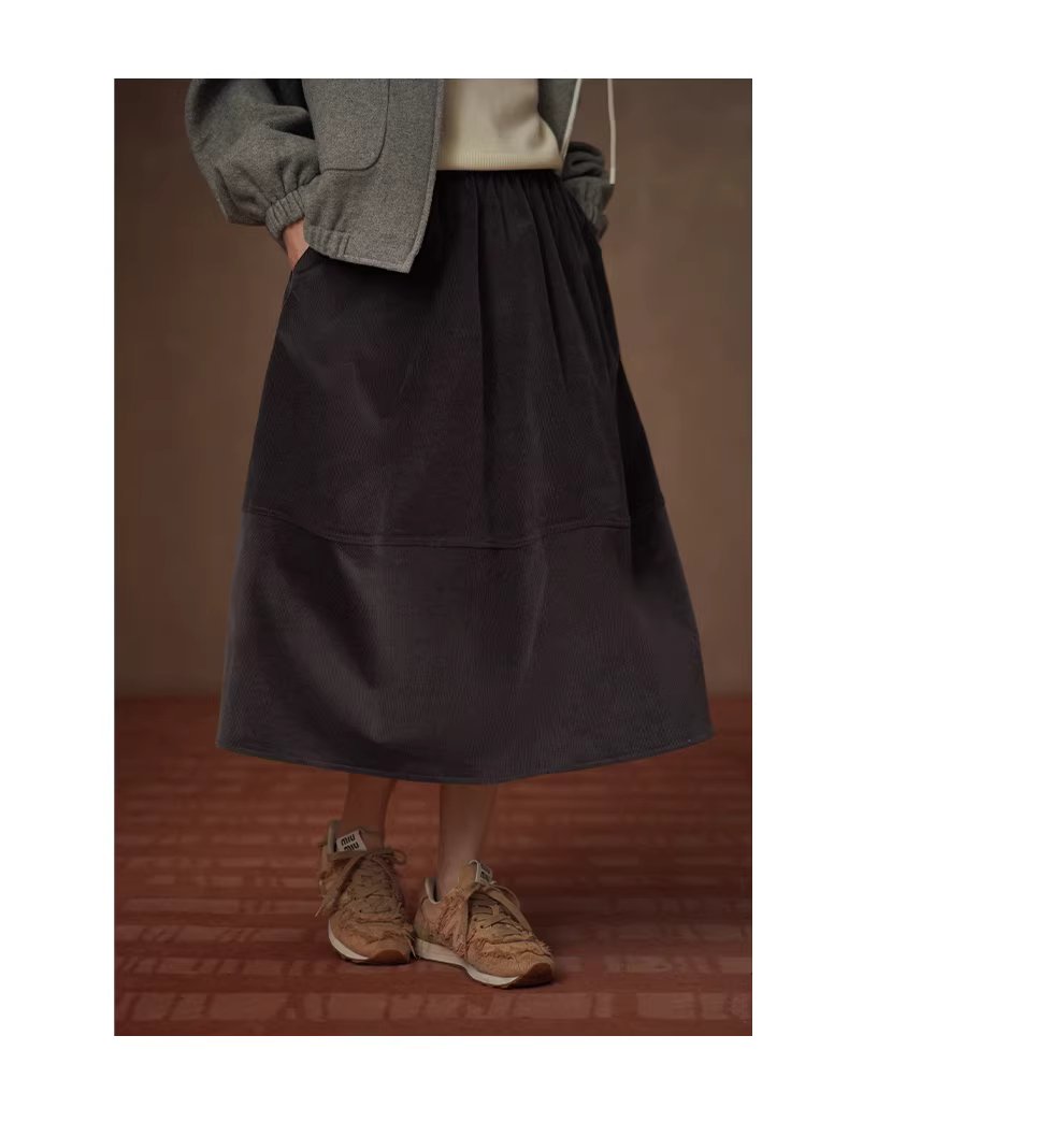 細膩坑條燈芯絨鬆緊高腰顯瘦分割剪裁通勤蓬蓬半身裙女,細膩坑條燈芯絨鬆緊高腰顯瘦分割剪裁通勤蓬蓬半身裙女,HBEW2041,細膩坑條燈芯絨鬆緊高腰顯瘦分割剪裁通勤蓬蓬半身裙女,蓬而不臃,燈芯絨