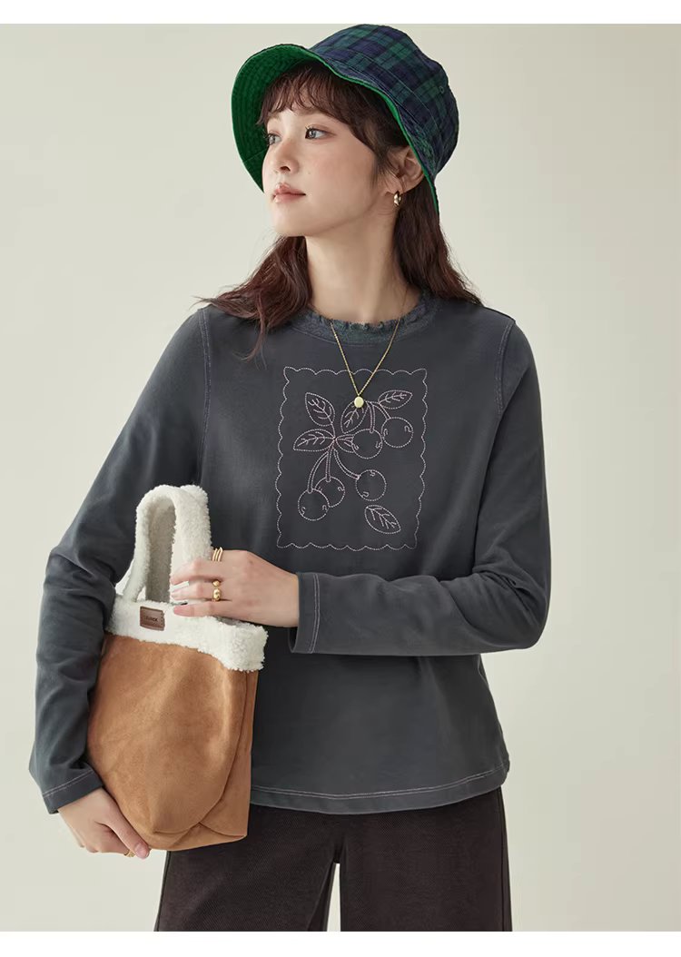 設計感磨毛繡花厚T恤女冬新款花邊圓領長袖上衣,設計感磨毛繡花厚T恤女冬新款花邊圓領長袖上衣,HBEW1184,設計感磨毛繡花厚T恤女冬新款花邊圓領長袖上衣,刺繡細節,磨毛面料