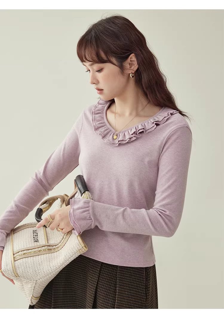 彩點荷葉邊v領厚T恤女冬季新款甜美打底長袖上衣,彩點荷葉邊v領厚T恤女冬季新款甜美打底長袖上衣,HBEW1186,彩點荷葉邊v領厚T恤女冬季新款甜美打底長袖上衣,荷葉邊領,彩點面料