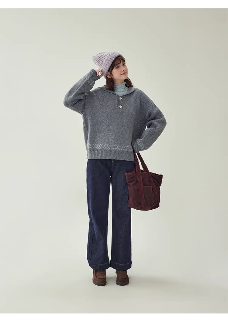 灰色提花海軍領毛衣女冬新款費爾島寬鬆長袖上衣,灰色提花海軍領毛衣女冬新款費爾島寬鬆長袖上衣,HBEW1191,灰色提花海軍領毛衣女冬新款費爾島寬鬆長袖上衣,海軍領,費爾島圖騰