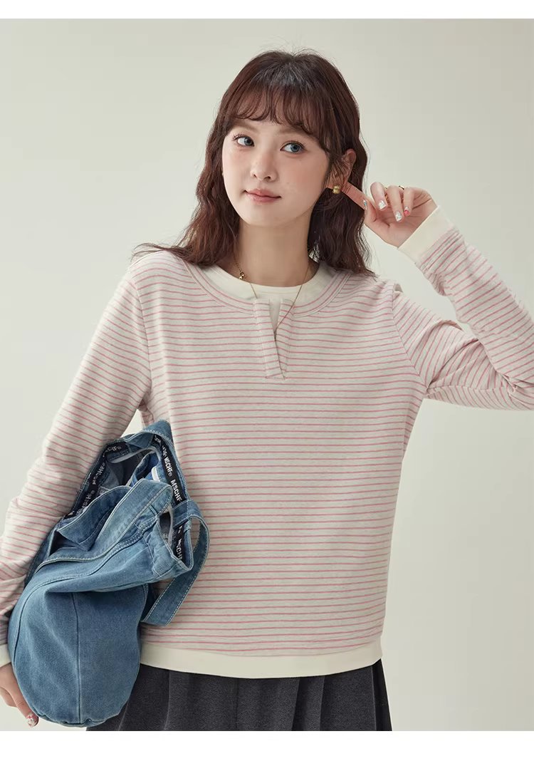 假兩件粉條紋長袖T恤女冬季新款少女感寬鬆上衣,假兩件粉條紋長袖T恤女冬季新款少女感寬鬆上衣,HBEW1197,假兩件粉條紋長袖T恤女冬季新款少女感寬鬆上衣,假兩件式,舒適面料