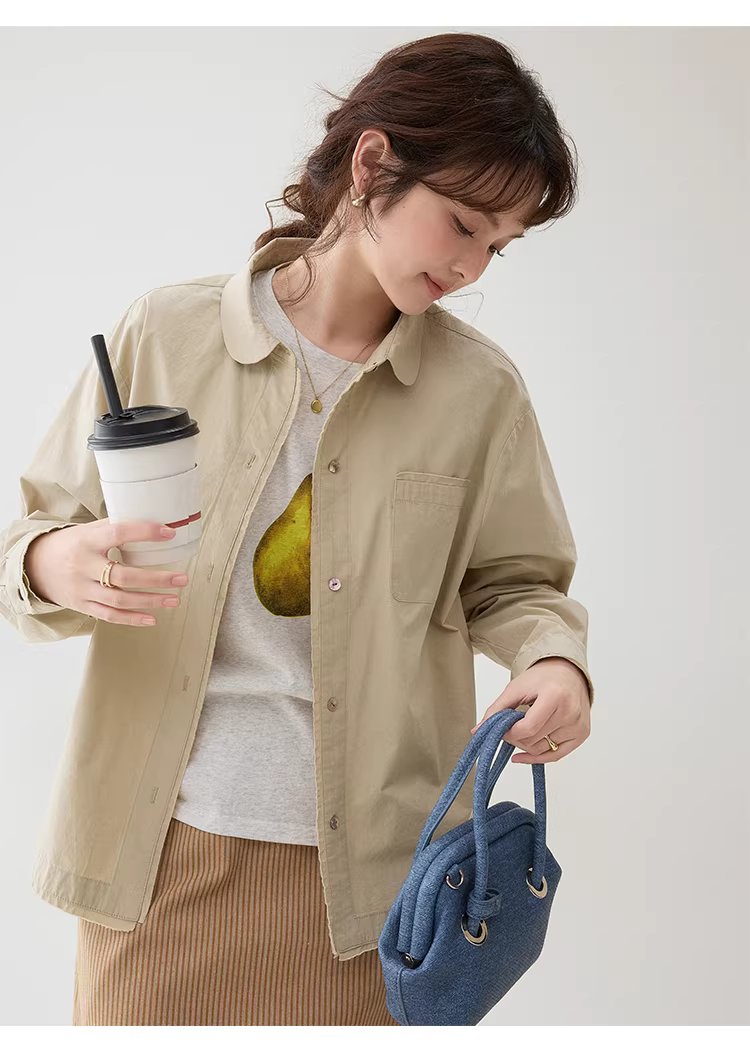 設計感拼接小毛邊襯衫女春季新娃娃領紐扣上衣,設計感拼接小毛邊襯衫女春季新娃娃領紐扣上衣,HBFS1001,設計感拼接小毛邊襯衫女春季新娃娃領紐扣上衣,翻領排扣,棉麻材質