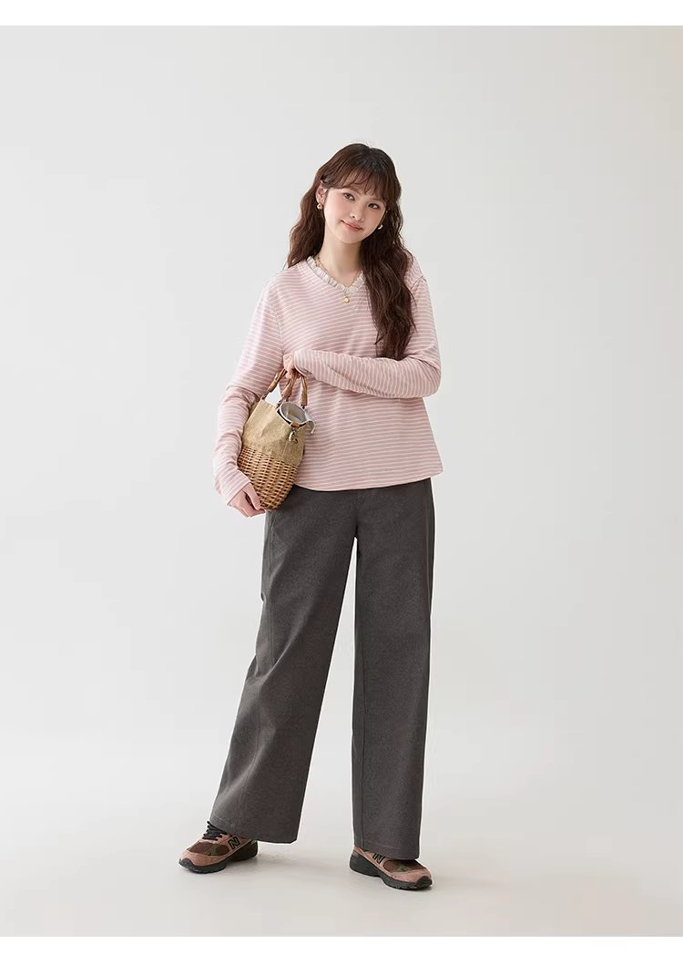 甜美粉紅條紋花邊v領T恤女春季新款寬鬆長袖上衣,甜美粉紅條紋花邊v領T恤女春季新款寬鬆長袖上衣,HBFS1028,甜美粉紅條紋花邊v領T恤女春季新款寬鬆長袖上衣,V領造型,蕾絲花邊