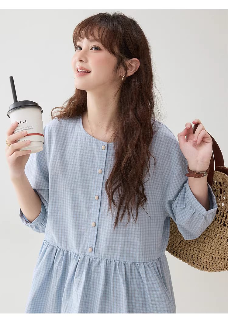 減齡八分袖純棉藍格襯衫女春新款寬鬆娃娃衫上衣,減齡八分袖純棉藍格襯衫女春新款寬鬆娃娃衫上衣,HBFS1039,減齡八分袖純棉藍格襯衫女春新款寬鬆娃娃衫上衣,清新格紋,全棉面料