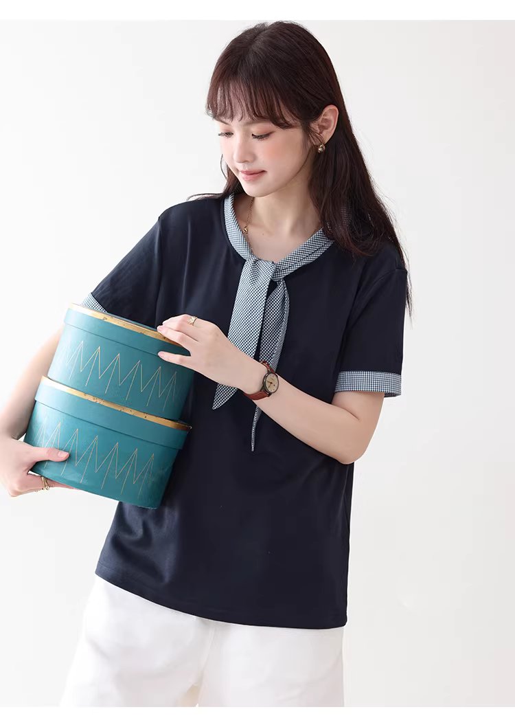 拼接格紋綁帶領短袖T恤女夏季新款時尚減齡上衣,拼接格紋綁帶領短袖T恤女夏季新款時尚減齡上衣,HBFS1053,拼接格紋綁帶領短袖T恤女夏季新款時尚減齡上衣,領結造型,舒適面料