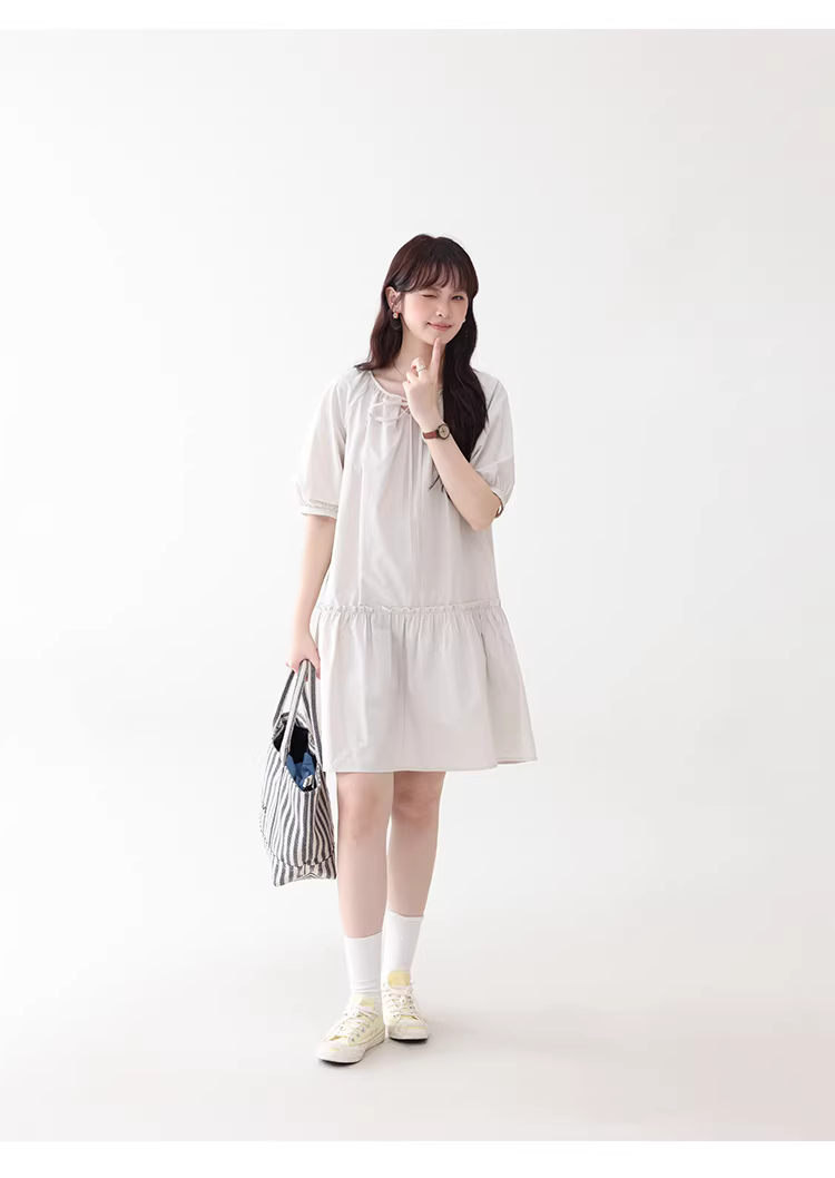 法式泡泡袖繫帶領洋裝女夏新款純棉木耳邊短裙,法式泡泡袖繫帶領洋裝女夏新款純棉木耳邊短裙,HBFS7032,法式泡泡袖繫帶領洋裝女夏新款純棉木耳邊短裙,領口繫繩,全棉面料