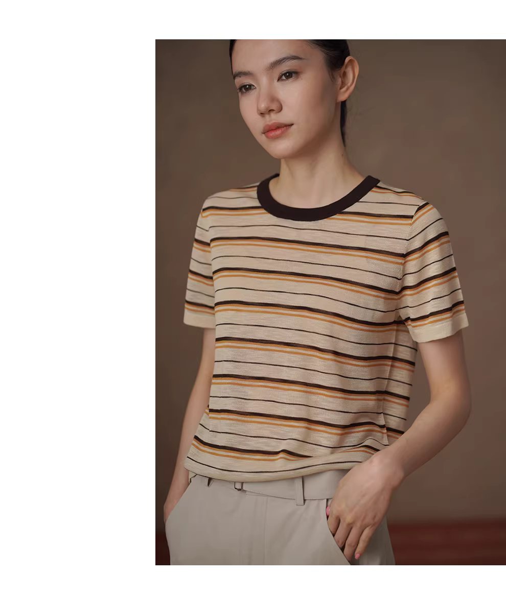 沙灘條紋超爽竹節麻紗線撞色圓領短袖寬鬆顯瘦針織上衣,沙灘條紋超爽竹節麻紗線撞色圓領短袖寬鬆顯瘦針織上衣,HBFS1095,沙灘條紋超爽竹節麻紗線撞色圓領短袖寬鬆顯瘦針織上衣,舒適清爽,撞色領口