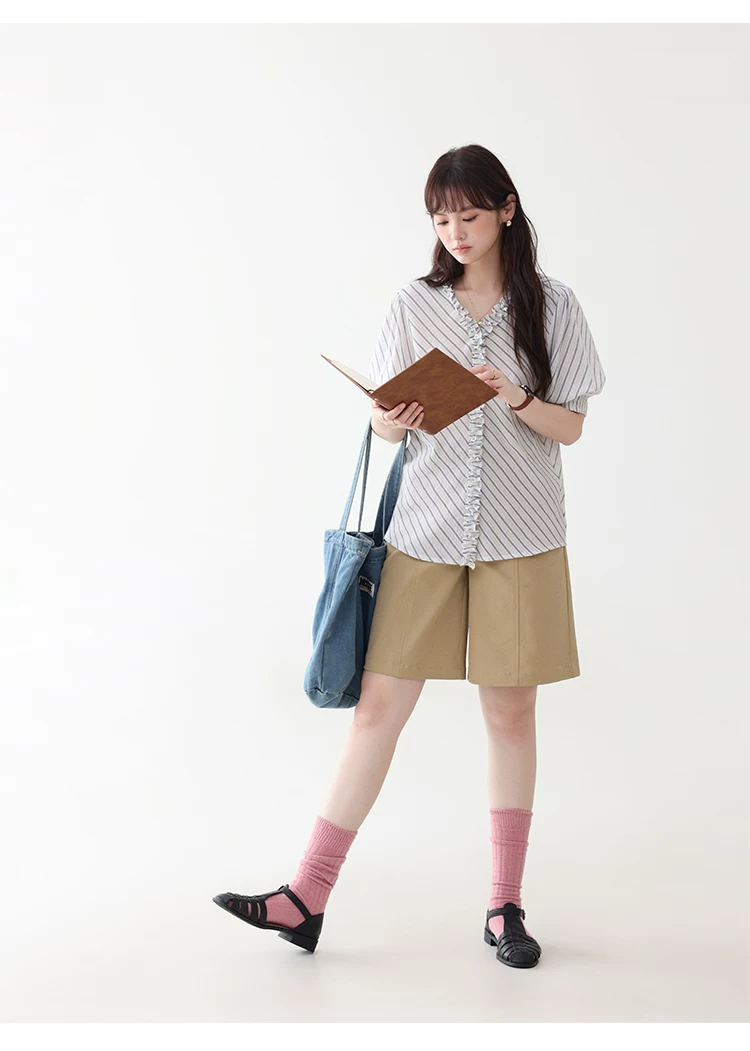 藍條紋v領木耳邊襯衫女夏季新款純棉五分袖上衣,藍條紋v領木耳邊襯衫女夏季新款純棉五分袖上衣,HBFS1098,藍條紋v領木耳邊襯衫女夏季新款純棉五分袖上衣,荷葉邊領,全棉面料