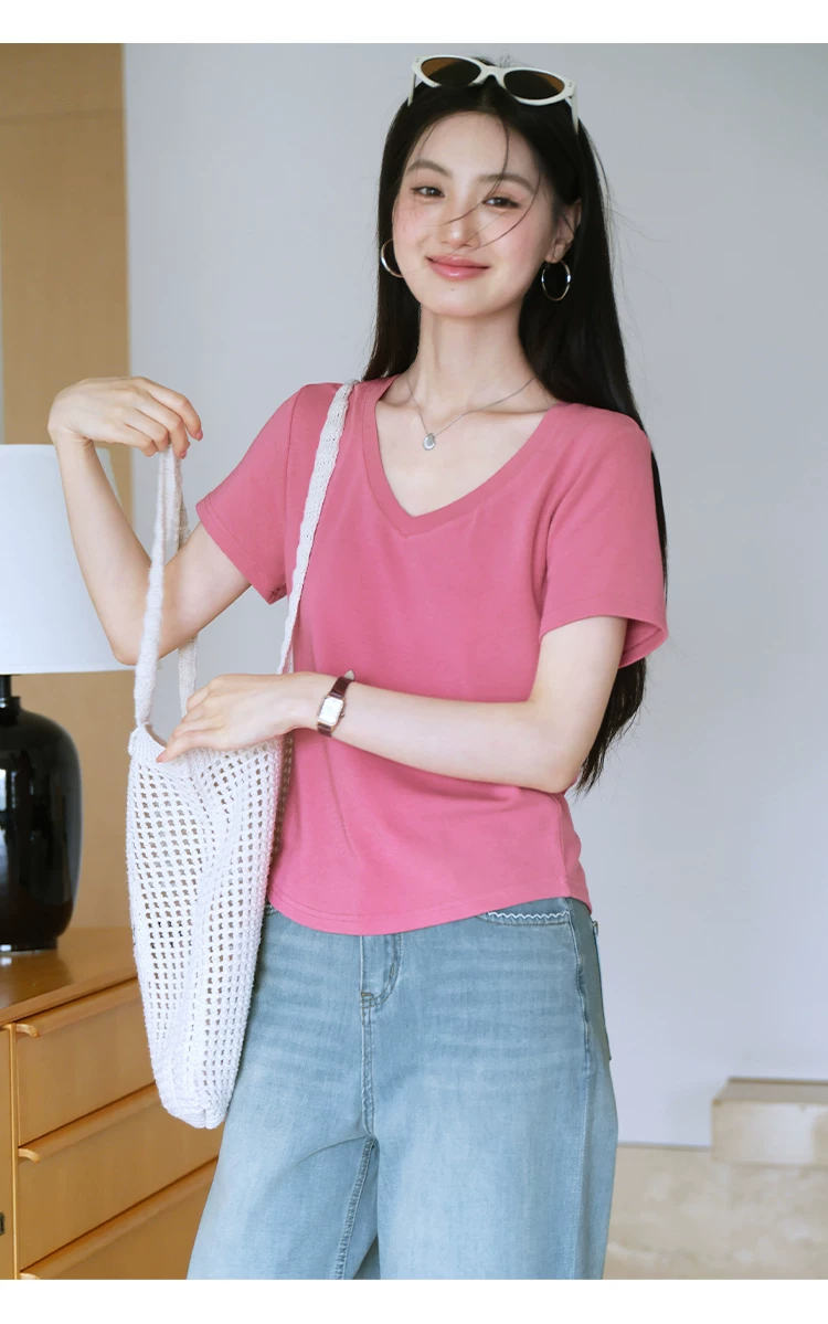 胖mm大尺碼女裝基本款V領短袖T恤夏裝女多巴胺穿搭玫紅色上衣,胖mm大尺碼女裝基本款V領短袖T恤夏裝女多巴胺穿搭玫紅色上衣,HBFS1166,胖mm大尺碼女裝基本款V領短袖T恤夏裝女多巴胺穿搭玫紅色上衣,V領造型,舒適好穿