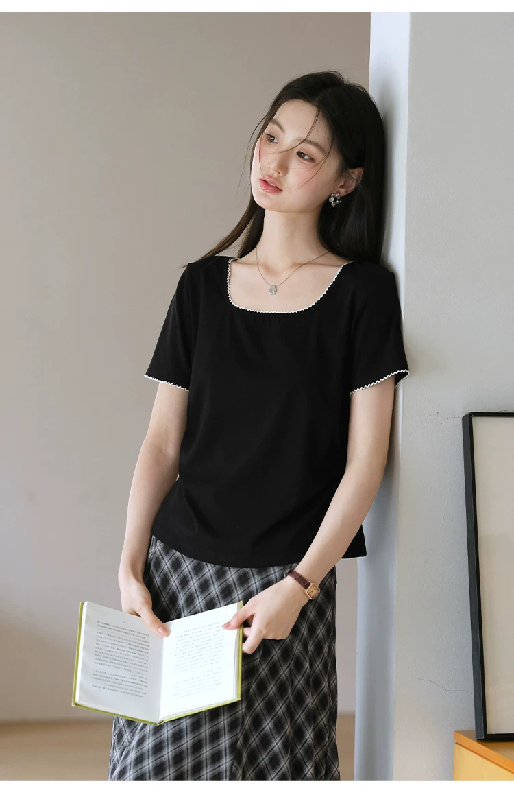 胖mm大尺碼女裝方領正肩短袖T恤女2026新款夏季法式黑色上衣,胖mm大尺碼女裝方領正肩短袖T恤女2026新款夏季法式黑色上衣,HBFS1167,胖mm大尺碼女裝方領正肩短袖T恤女2026新款夏季法式黑色上衣,方領設計,撞色拼接