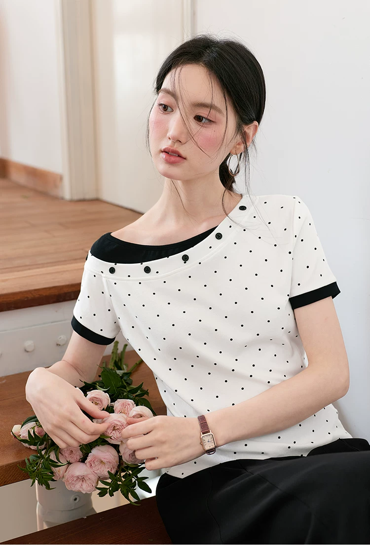 大尺碼胖mm假兩件短袖T恤女2026新款夏季白色斜領波點上衣女,大尺碼胖mm假兩件短袖T恤女2026新款夏季白色斜領波點上衣女,HBFS1178,大尺碼胖mm假兩件短袖T恤女2026新款夏季白色斜領波點上衣女,假兩件式,波點造型