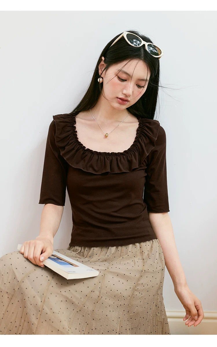 大尺碼女裝荷葉邊U領T恤女2026新款夏季絕美小衫咖色中袖上衣,大尺碼女裝荷葉邊U領T恤女2026新款夏季絕美小衫咖色中袖上衣,HBFS1233,大尺碼女裝荷葉邊U領T恤女2026新款夏季絕美小衫咖色中袖上衣,中大尺碼,荷葉邊領