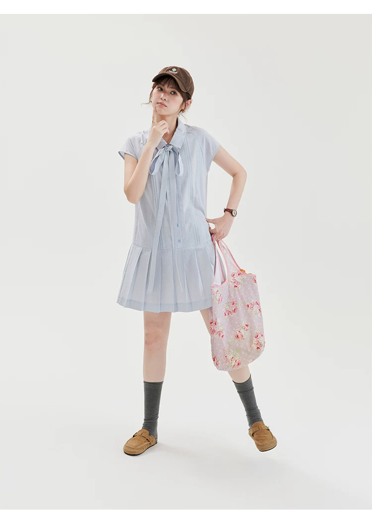 藍色萊賽爾百褶洋裝女夏季新款少女感短袖短裙,藍色萊賽爾百褶洋裝女夏季新款少女感短袖短裙,HBFS7144,藍色萊賽爾百褶洋裝女夏季新款少女感短袖短裙,綁帶衣領,天絲混棉