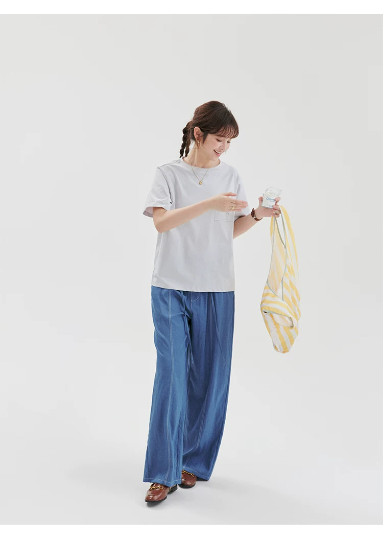 藍色仿牛仔壓線休閒褲女夏季新款鬆緊腰寬長褲,藍色仿牛仔壓線休閒褲女夏季新款鬆緊腰寬長褲,HBFS3074,藍色仿牛仔壓線休閒褲女夏季新款鬆緊腰寬長褲,高腰寬褲,外縫線設計