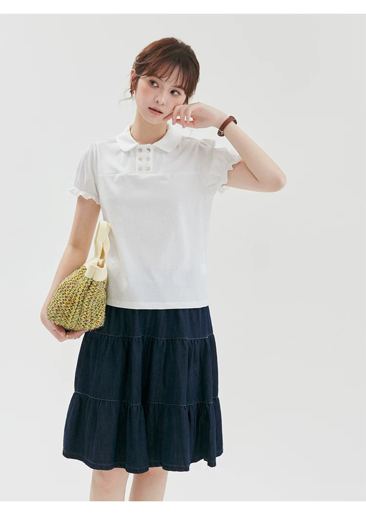 雙排扣元寶領蕾絲短袖T恤女夏新款甜美白色上衣,雙排扣元寶領蕾絲短袖T恤女夏新款甜美白色上衣,HBFS1279,雙排扣元寶領蕾絲短袖T恤女夏新款甜美白色上衣,雙排扣,修身版型
