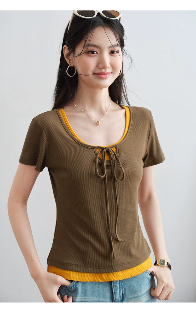 大尺碼正肩短袖T恤女2026新款夏季穿搭洋氣假兩件繫帶u領上衣,大尺碼正肩短袖T恤女2026新款夏季穿搭洋氣假兩件繫帶u領上衣,HBFS1307,大尺碼正肩短袖T恤女2026新款夏季穿搭洋氣假兩件繫帶u領上衣,中大尺碼,撞色拼接