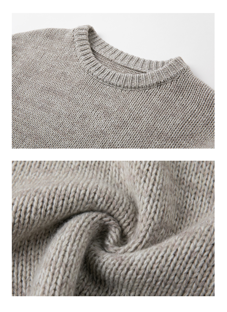 倉頡灰強撚雙紗全羊毛軟糯寬鬆毛衣圓領針織上衣