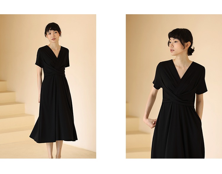 巴黎神女纏繞式彈力收腰好比例顯瘦V領連身裙洋裝,性感,時尚,清新,浪漫,洋裝