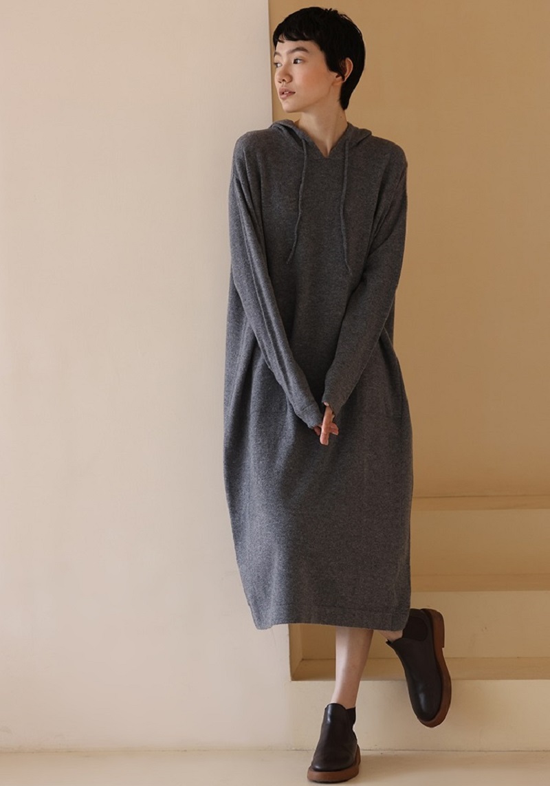 進口超細100%美利奴羊毛連帽寬鬆針織連身裙洋裝