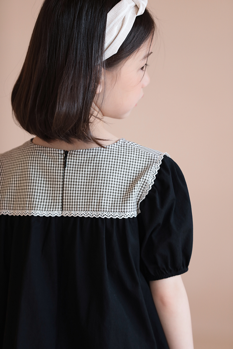 日系短袖格子泡泡袖拼接寬鬆連身裙洋裝