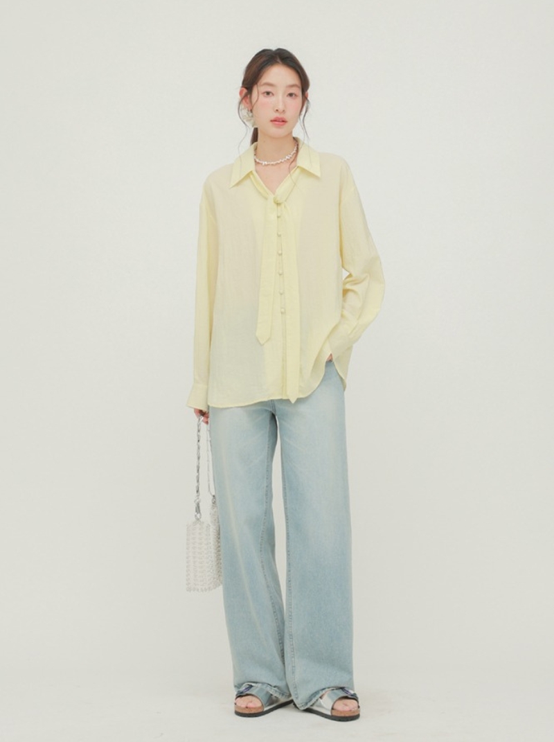 法式獨特長袖襯衫女夏季黃色氣質薄款襯衫寬鬆上衣小衫