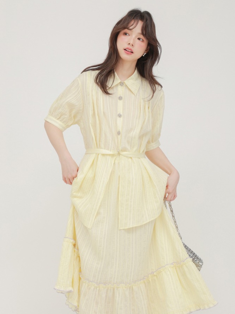 法式別緻黃色短袖襯衫女設計感上衣/中長款蛋糕半身裙夏洋裝