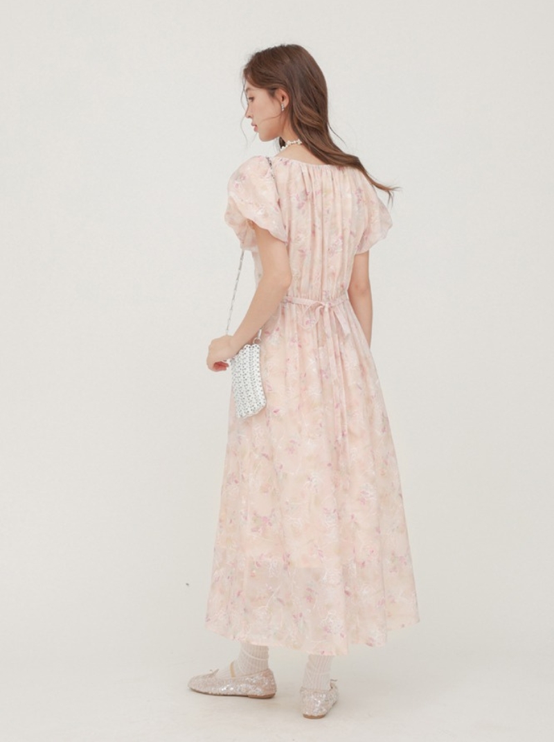 茶歇法式泡泡袖粉紅洋裝女新品夏季短袖顯瘦裙子連身裙