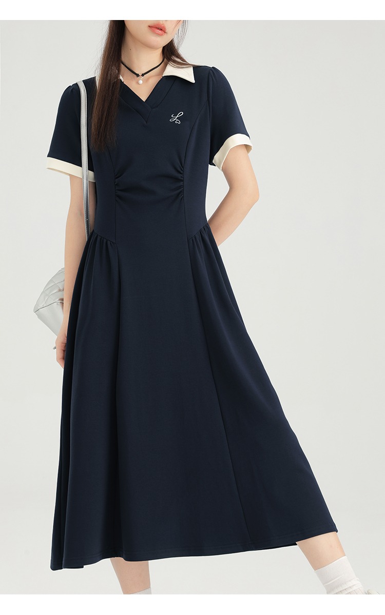 大尺碼深藍色polo洋裝新品女夏韓版鬆弛感顯瘦休閒長裙連身裙