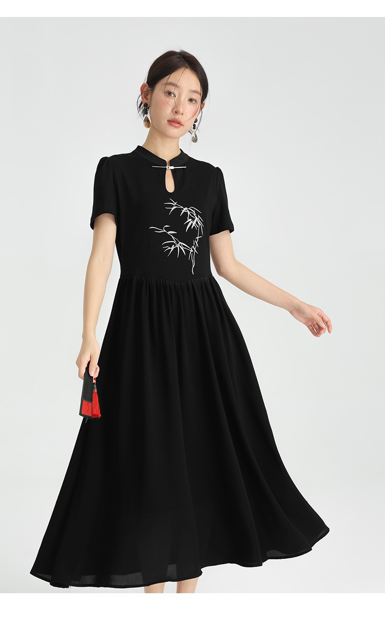 新品中式女裝洋裝高級感黑色長裙大尺碼胖mm裙子連身裙