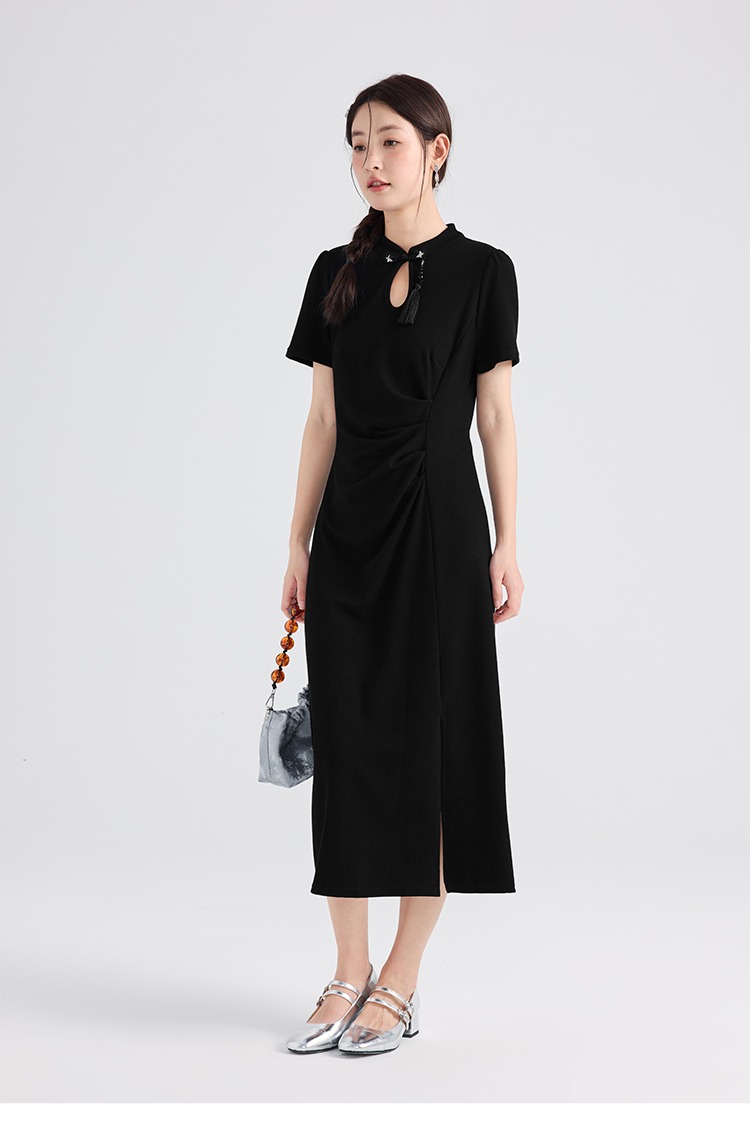 大尺碼新品中式女裝連身裙改良盤扣胖mm黑色裙子高級感洋裝