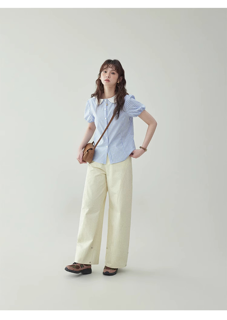 甜美藍格帶扣娃娃領純棉襯衫女夏季泡泡短袖上衣