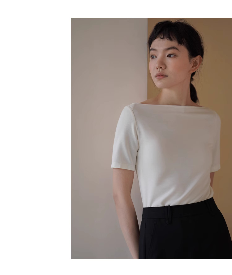 平衡通勤感舒適長期主義高智基礎款一字領T卹顯瘦上衣女