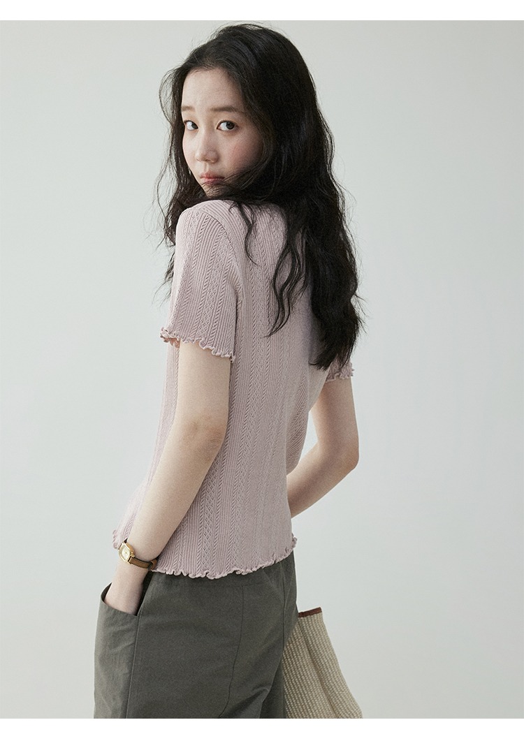 木耳邊休閒圓領針織T卹減齡寬鬆百搭上衣