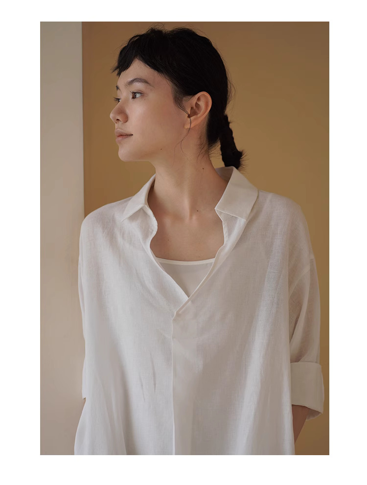 清晰竹節肌理柔光亞麻清涼寬鬆防透兩件式襯衫洋裝女