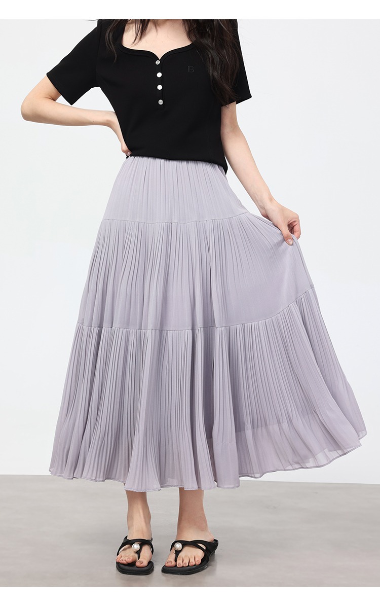大尺碼高腰紫色半身裙女夏寬鬆雪紡裙氣質百褶裙長款