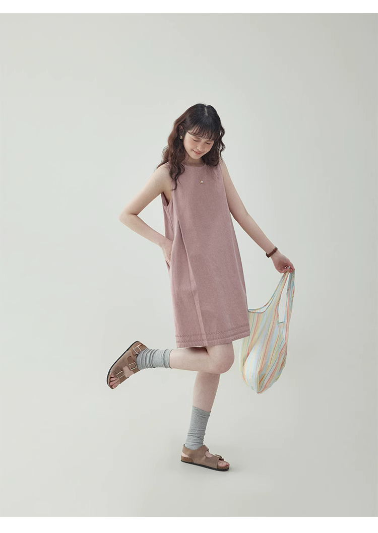 甜美粉紅無袖純棉洋裝女夏新款小個子背心短裙