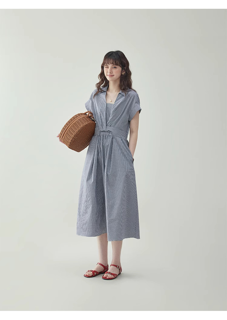 黑白格紋扭結短袖連身裙女夏季新款收腰a字中裙