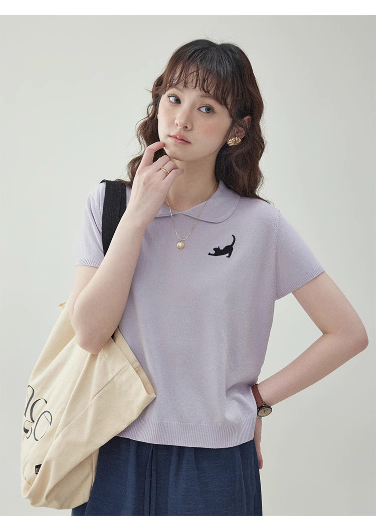 小貓繡花娃娃領針織t卹女夏新款寬鬆短袖上衣