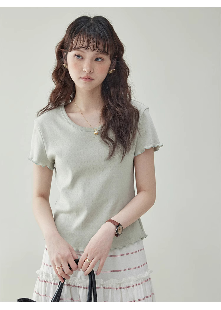 木耳邊純棉短袖提花t卹女夏新款純色短上衣