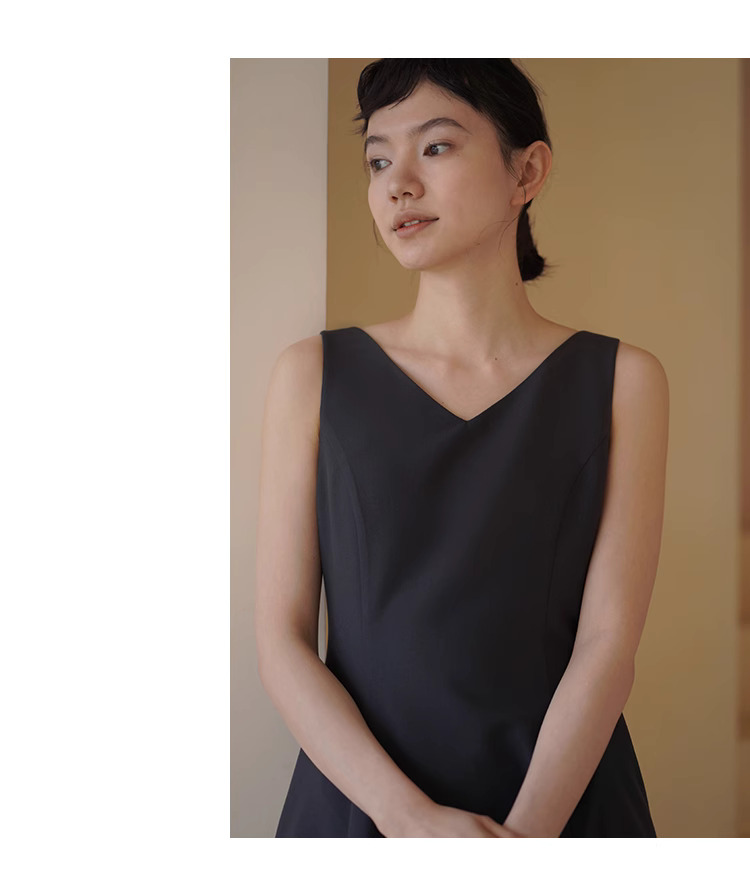 搖曳漫步優雅洋裝無袖V領收腰立裁遮肉大裙擺通勤裙子
